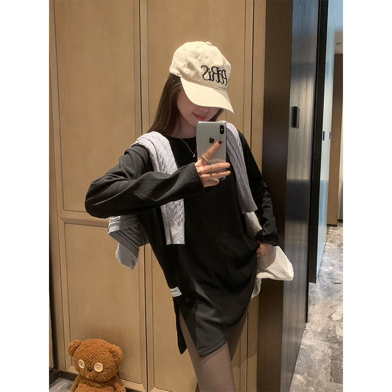 📺︎︎ CGDC5269-49B 中長款德絨打底衫秋冬加厚長袖T恤側開叉寬鬆疊穿上衣(2色)