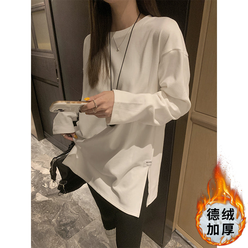 📺︎︎ CGDC5269-49B 中長款德絨打底衫秋冬加厚長袖T恤側開叉寬鬆疊穿上衣(2色)
