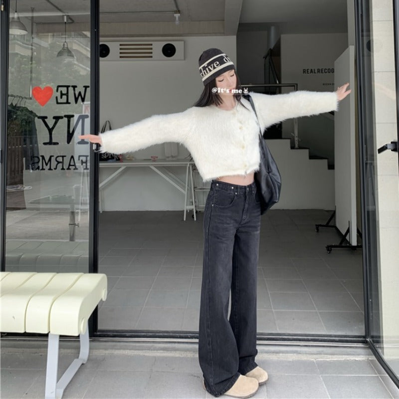CGA0775-81B 高腰闊腿牛仔褲女美式復古高街寬鬆直筒褲長褲