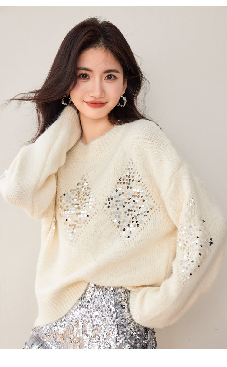 CGD5246-89B 菱格重工亮片針織衫秋冬慵懶風毛衣寬鬆長袖上衣