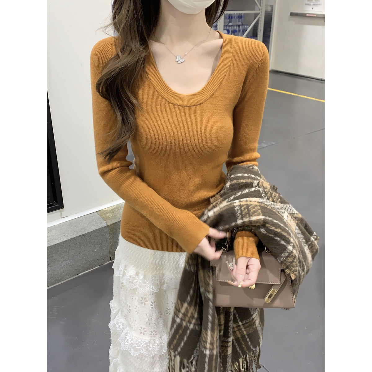 CGD3839-56B 秋冬韓版U領修身氣質純欲百搭安迪絨針織衫(4色)