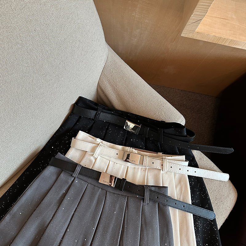 CGS10211-26B 防走光春季高腰百褶裙細閃亮片A字半身裙短裙+配腰帶(3色)