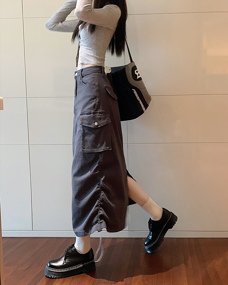 📺︎︎ CGS2988-80B 復古工裝牛仔半身裙女設計感抽繩高腰中長款直筒A字裙(2色)