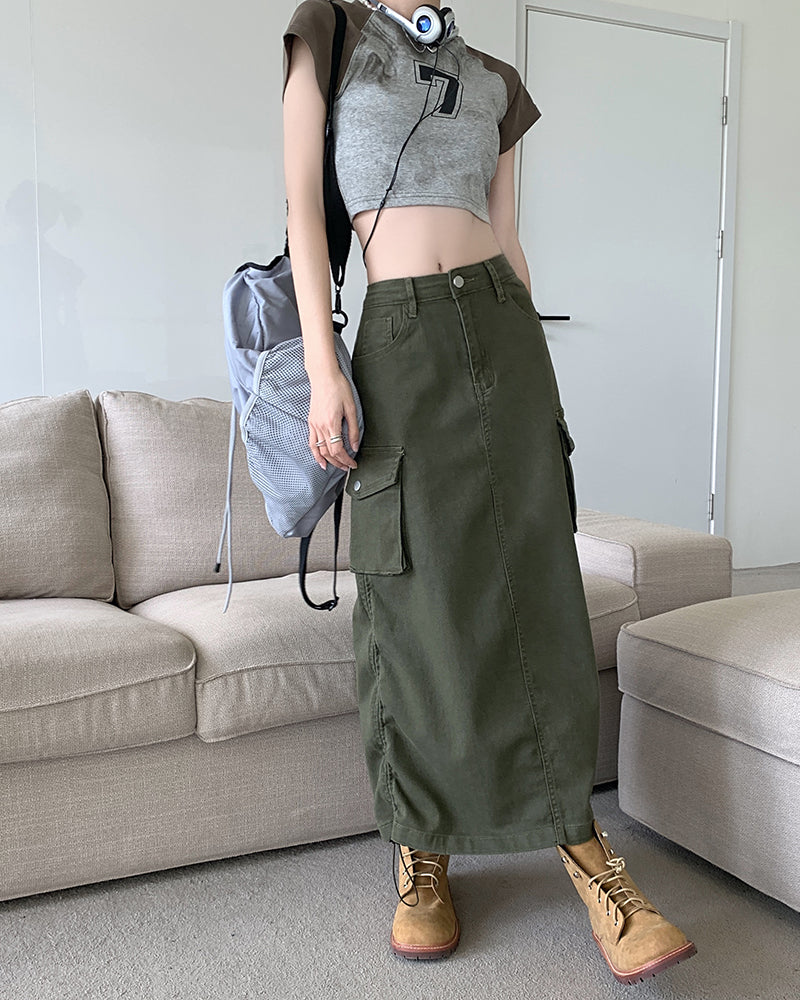 📺︎︎ CGS2988-80B 復古工裝牛仔半身裙女設計感抽繩高腰中長款直筒A字裙(2色)