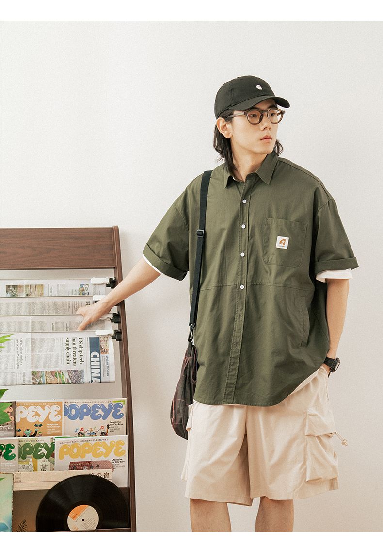 CBEYM1728-84B 夏季工裝短袖兩側口袋設計寬鬆純棉襯衣(3色)