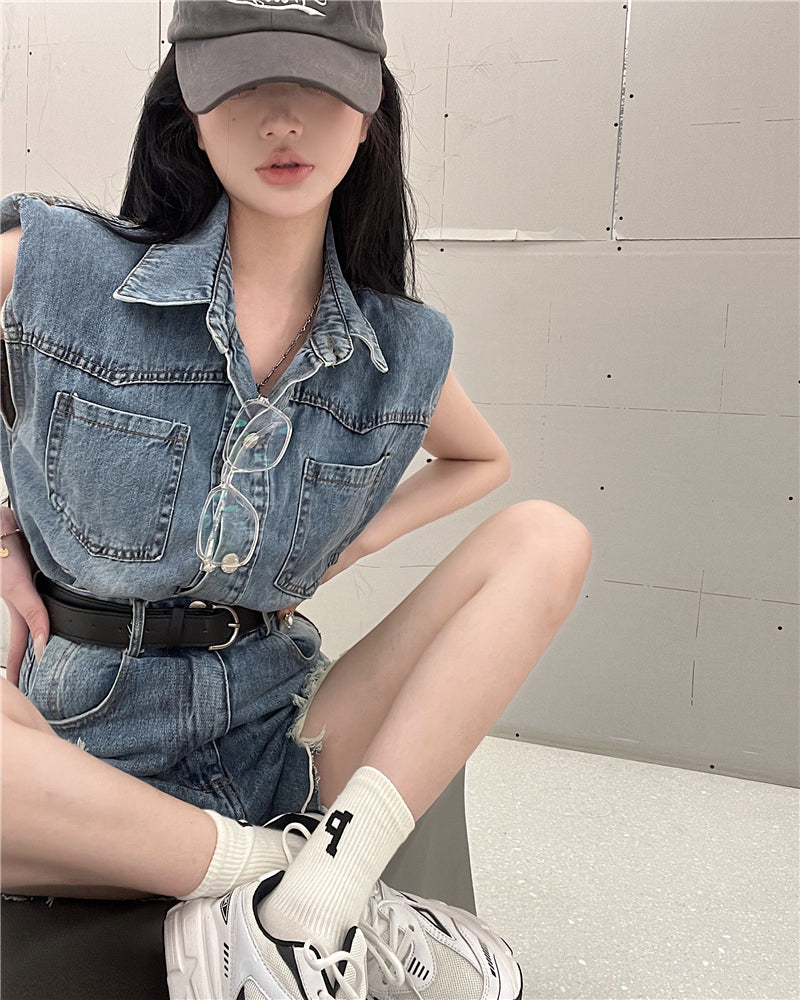 CGF0393-0395-81B 時尚無袖牛仔背心個性短褲兩件套