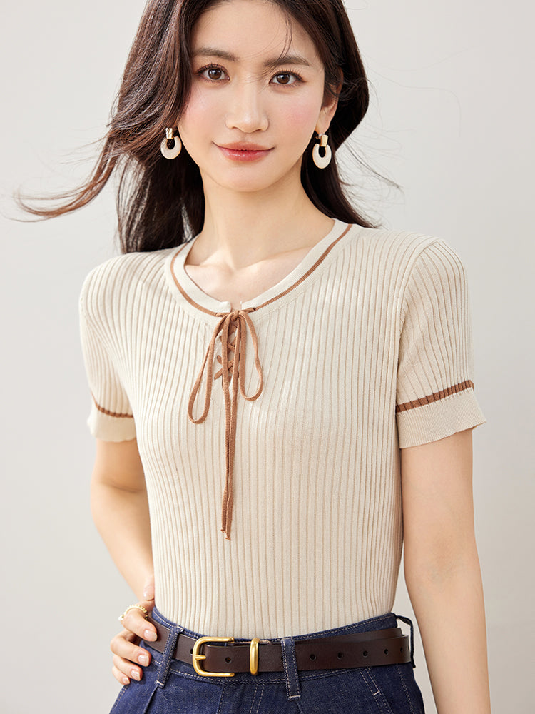 📺︎︎ CGE7253-36H 小香風系帶撞色冰絲針織衫夏季薄款短袖(3色)