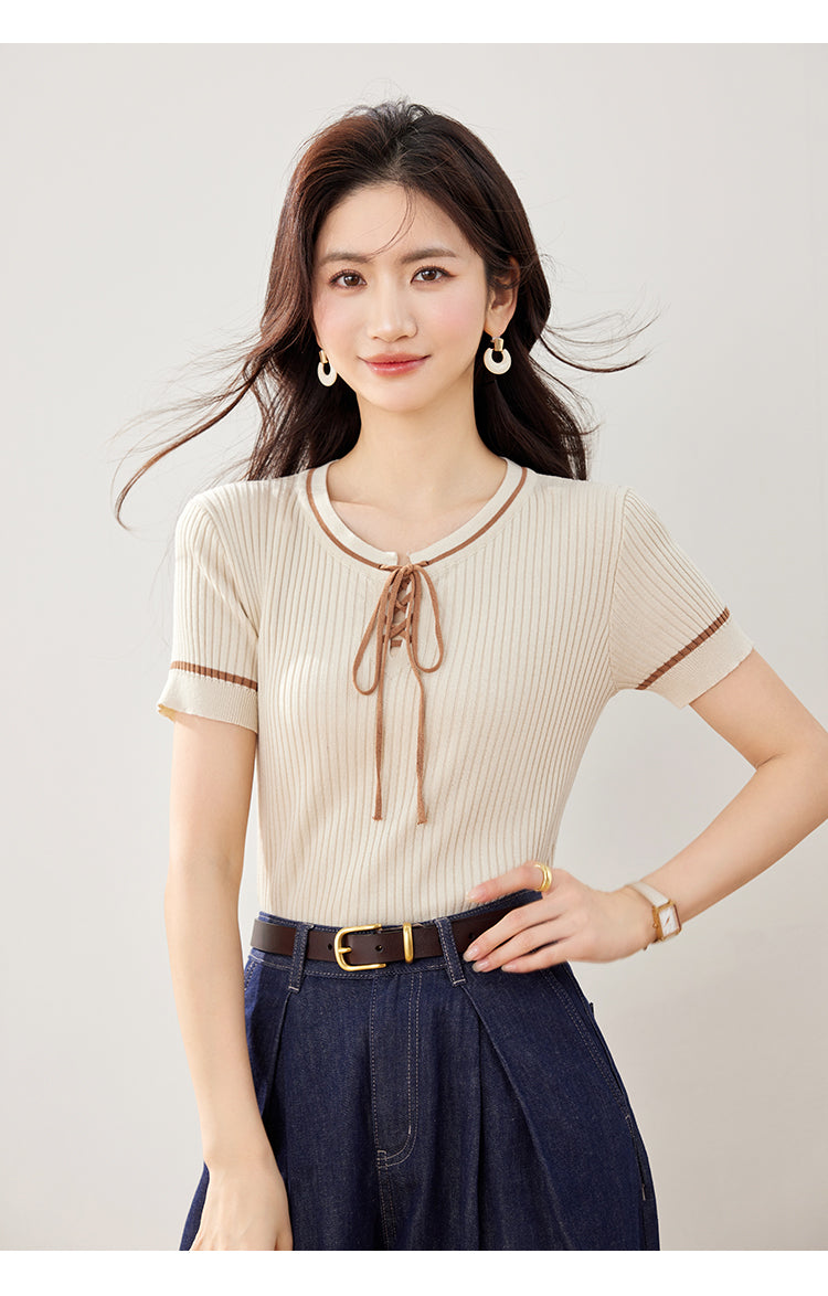 📺︎︎ CGE7253-36H 小香風系帶撞色冰絲針織衫夏季薄款短袖(3色)