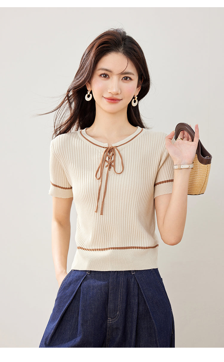 📺︎︎ CGE7253-36H 小香風系帶撞色冰絲針織衫夏季薄款短袖(3色)
