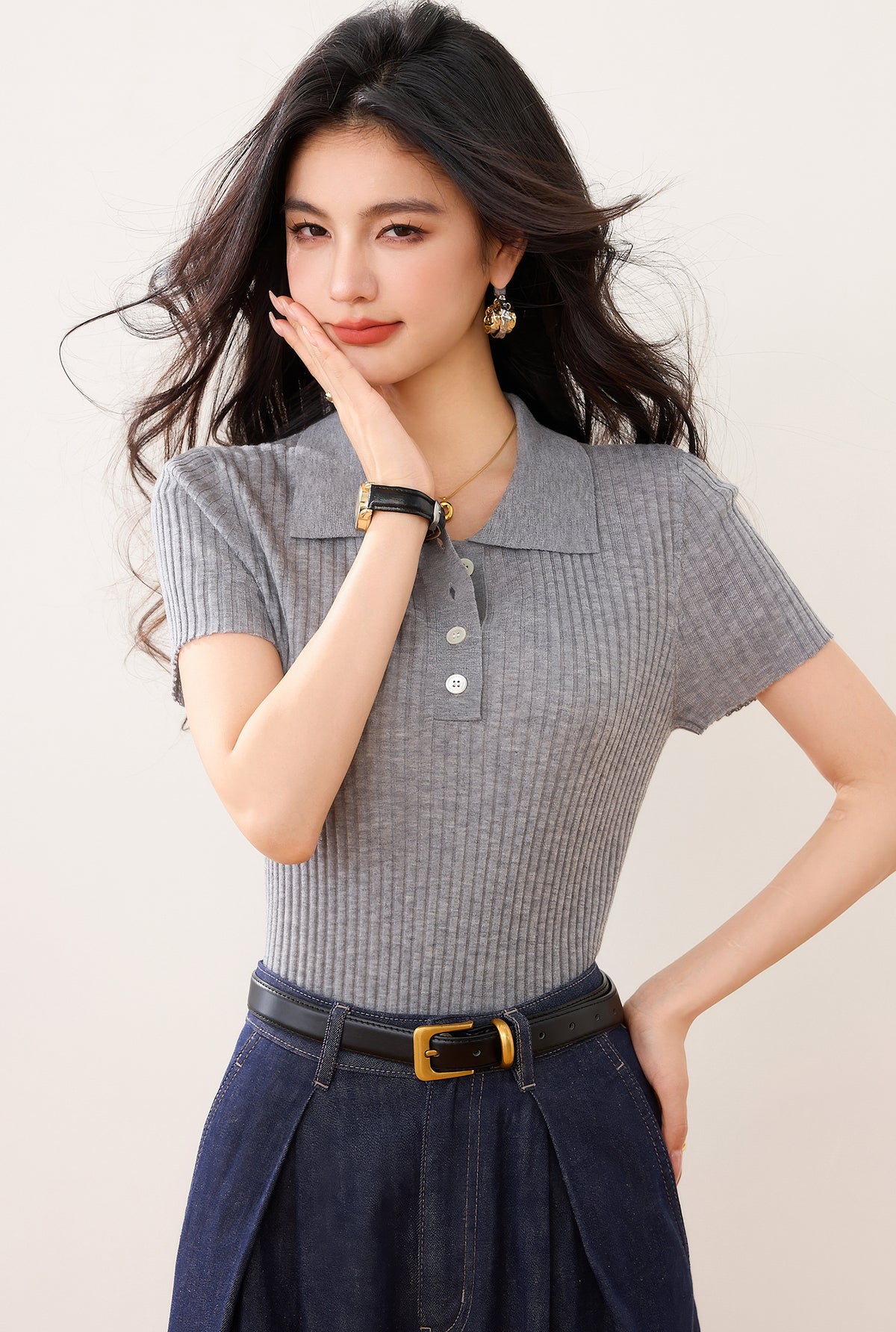 📺︎︎ CGE1042-17B 翻領上衣夏薄款彈力修身短款針織短袖