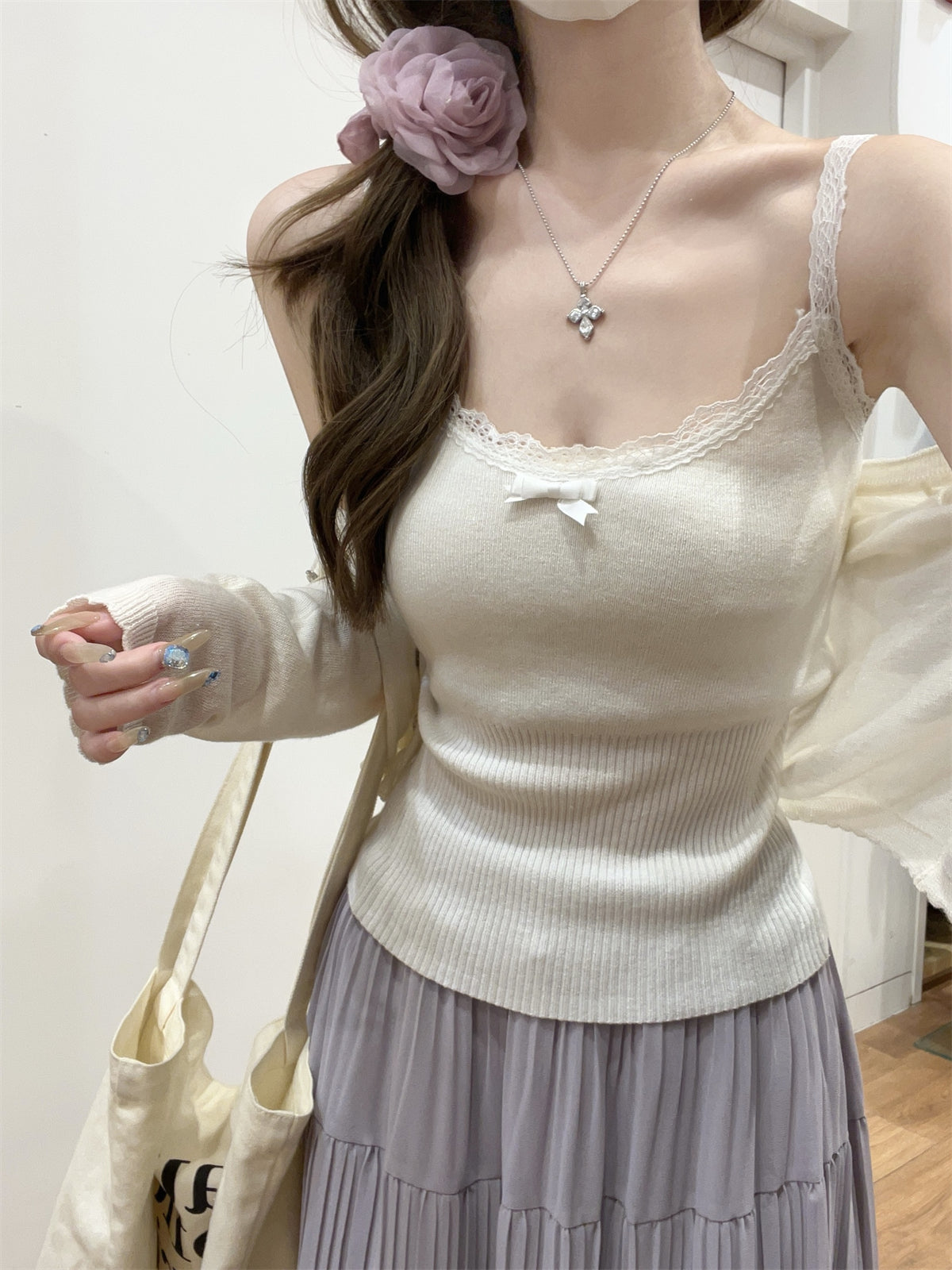 CGF26011-64B 夏季韓版甜美蝴蝶結蕾絲邊針織吊帶背心(2色)
