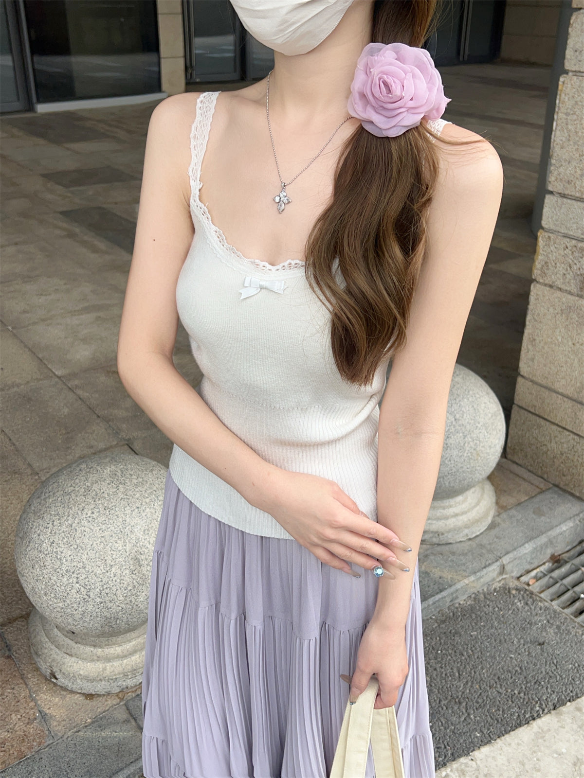 CGF26011-64B 夏季韓版甜美蝴蝶結蕾絲邊針織吊帶背心(2色)