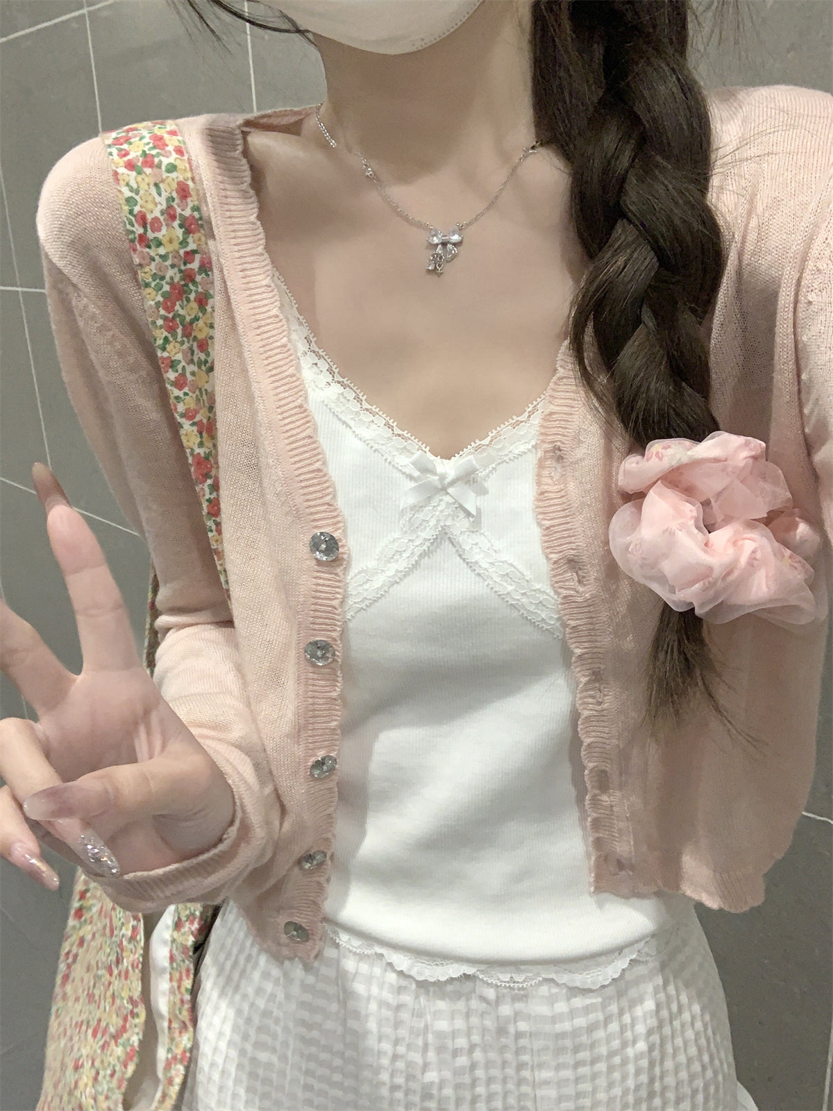CGF26011-64B 夏季韓版甜美蝴蝶結蕾絲邊針織吊帶背心(2色)