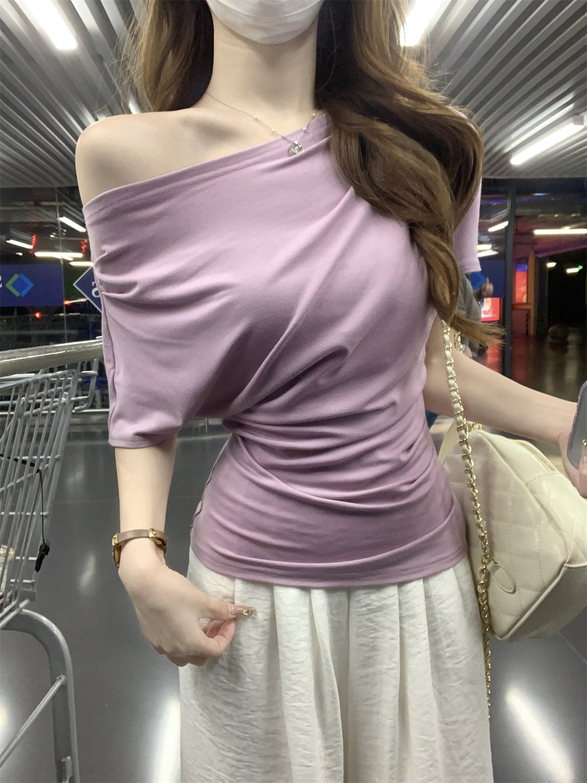 CGE16021-64B 夏季韓版氣質純欲斜肩褶皺設計萊賽爾親膚短袖T恤(2色)