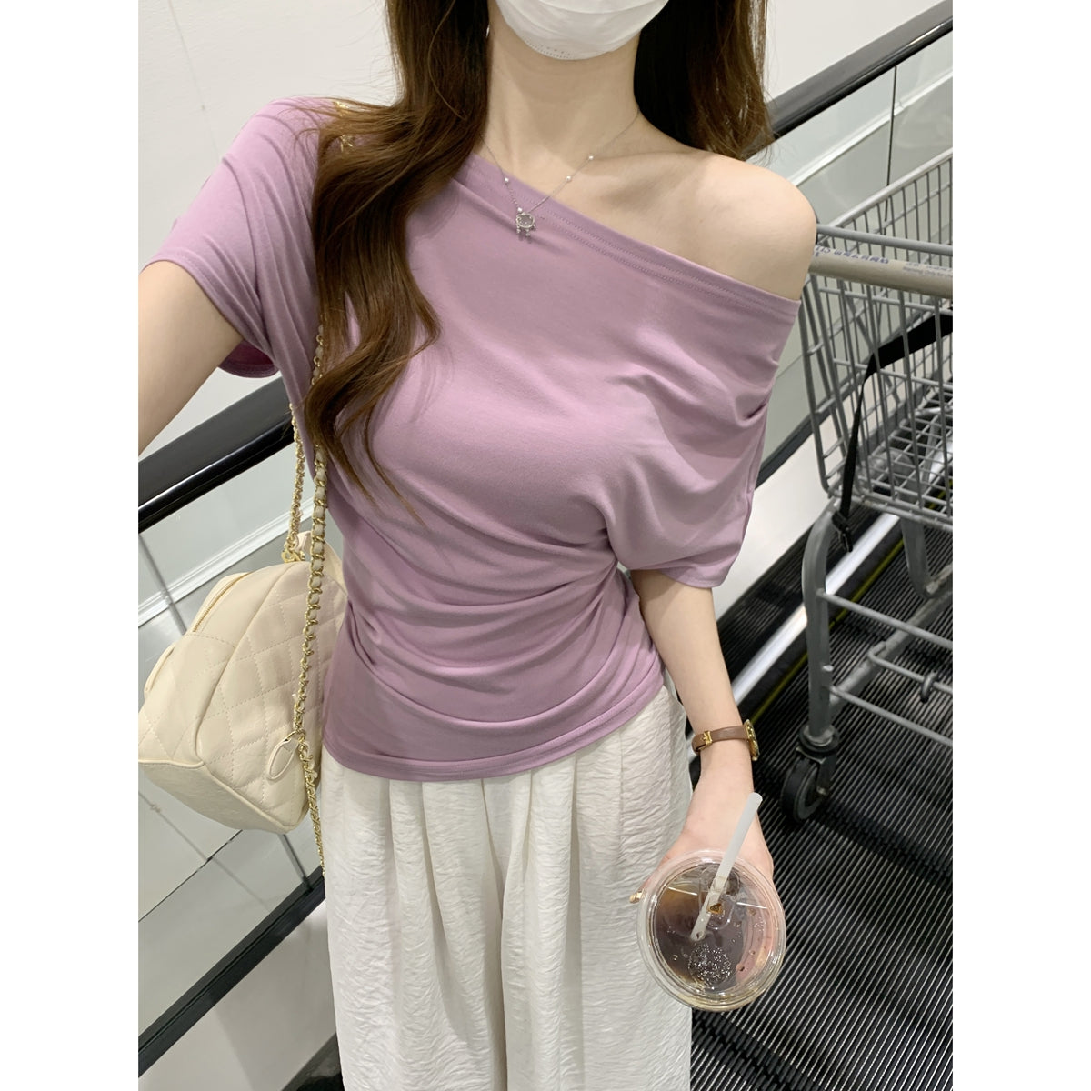 CGE16021-64B 夏季韓版氣質純欲斜肩褶皺設計萊賽爾親膚短袖T恤(2色)