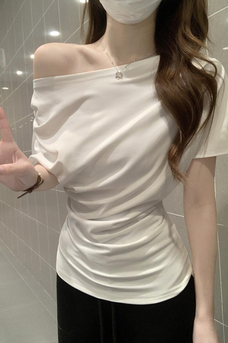 CGE16021-64B 夏季韓版氣質純欲斜肩褶皺設計萊賽爾親膚短袖T恤(2色)