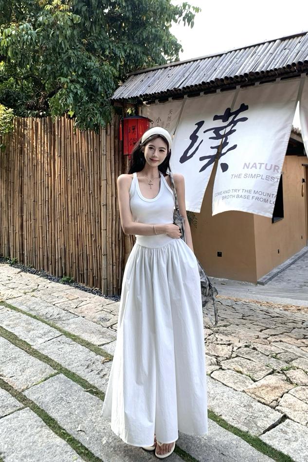 CGB7233-48B 夏復古背心拼接假兩件收腰吊帶連衣裙
