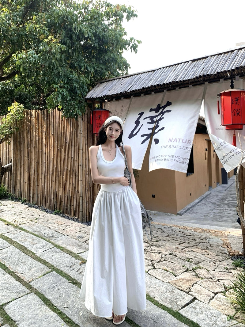 CGB7233-48B 夏復古背心拼接假兩件收腰吊帶連衣裙