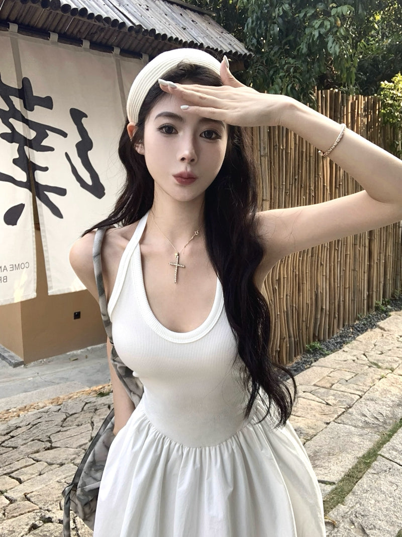 CGB7233-48B 夏復古背心拼接假兩件收腰吊帶連衣裙