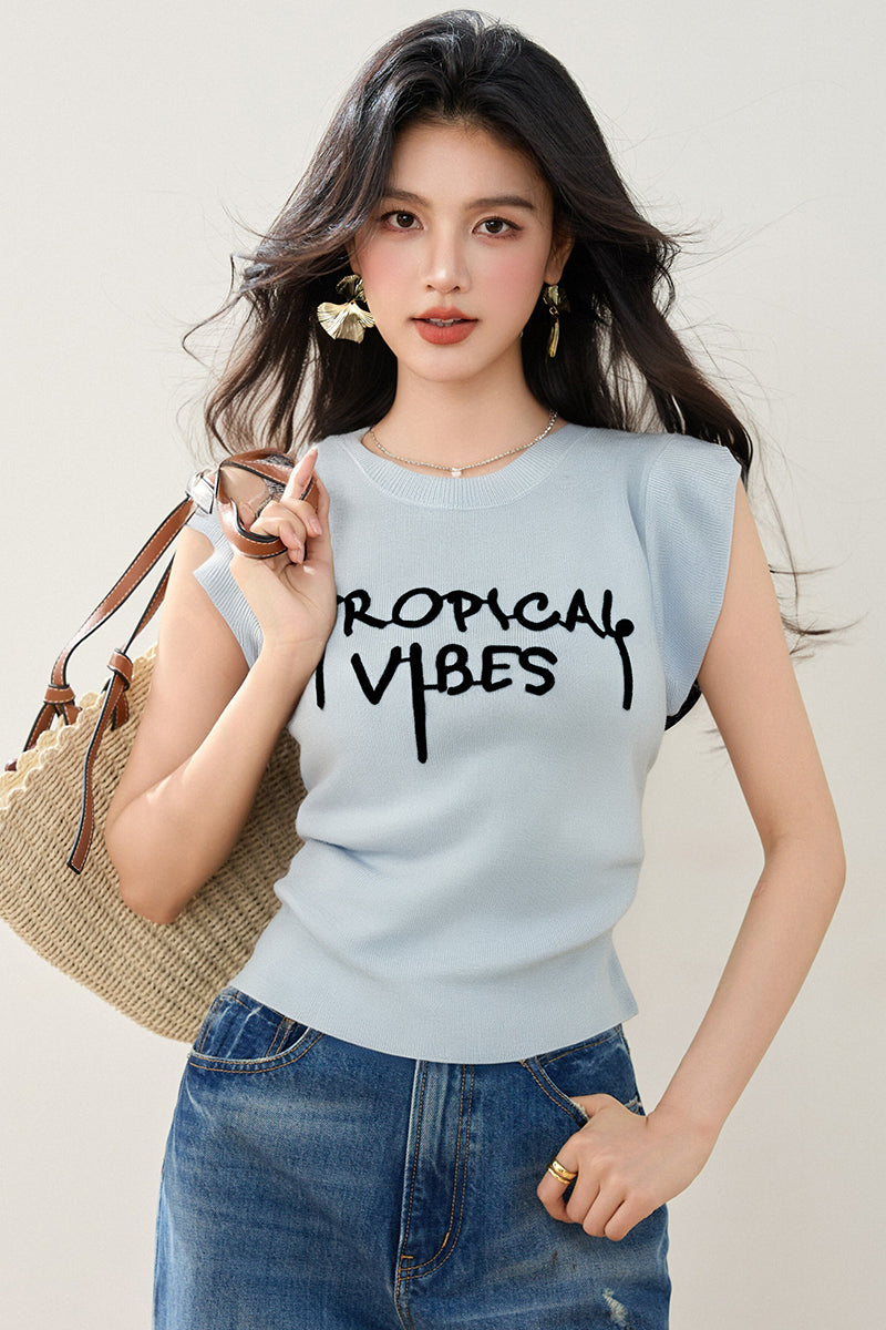 CGE8051-89B 夏款韓版圓領字母繡花褶皺收腰短袖