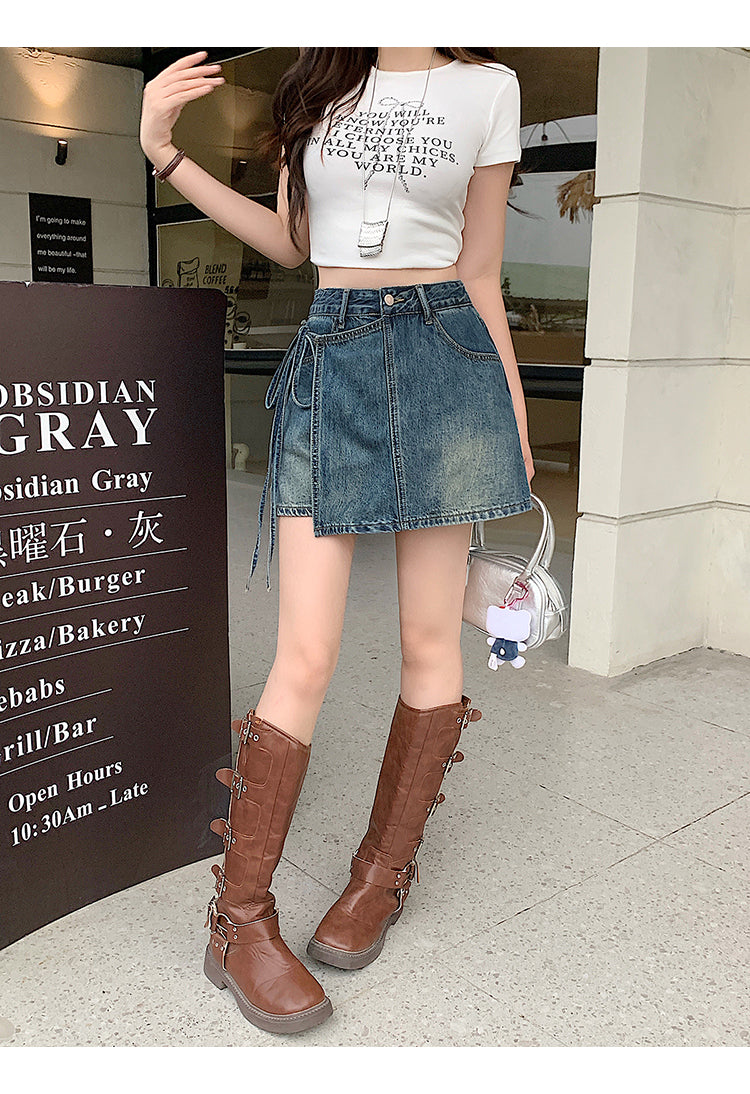 CGS30679-36H 夏裝復古不規則高腰A字牛仔裙褲(2色)