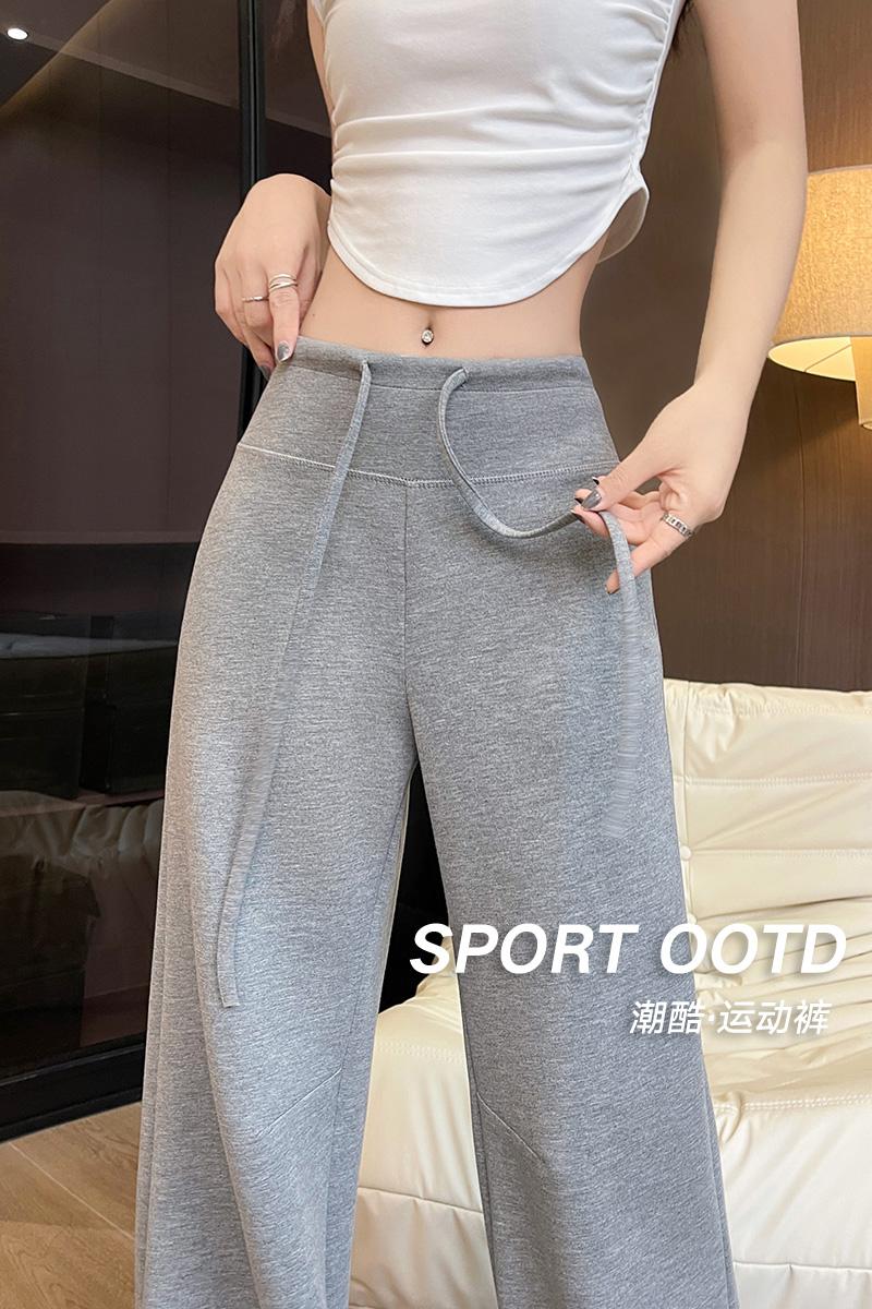CGA626-16B 灰色美式運動褲夏季高腰顯瘦直筒鬆弛感休閒闊腿褲(4色.常規.加長款)