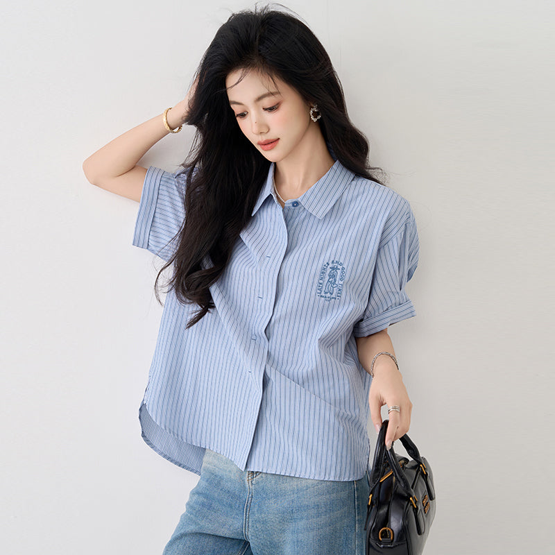CGE9765-4B 藍色襯衣夏復古刺繡休閒百搭短袖條紋POLO領襯衫