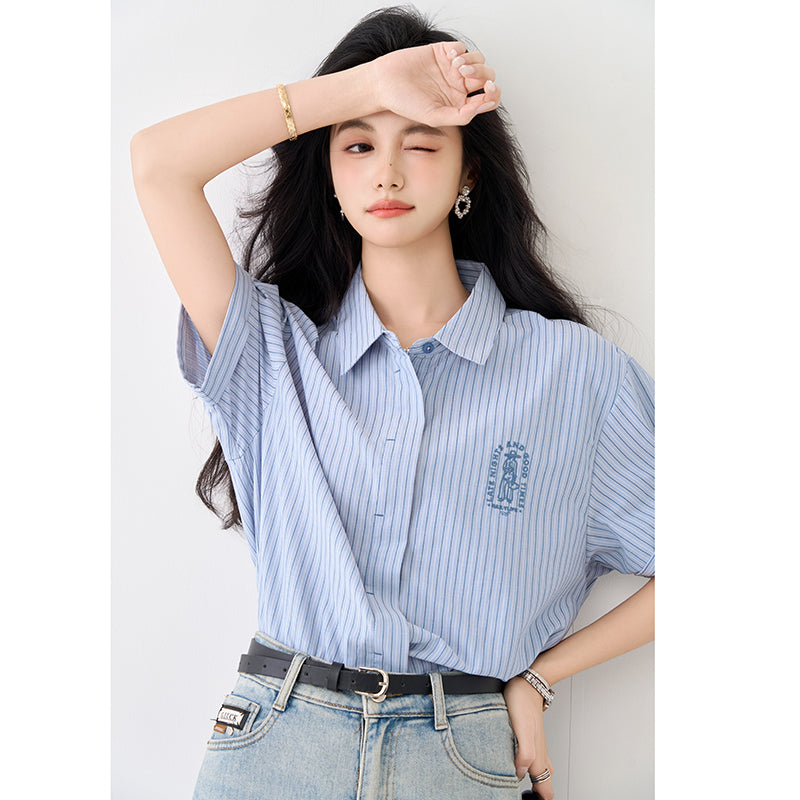 CGE9765-4B 藍色襯衣夏復古刺繡休閒百搭短袖條紋POLO領襯衫