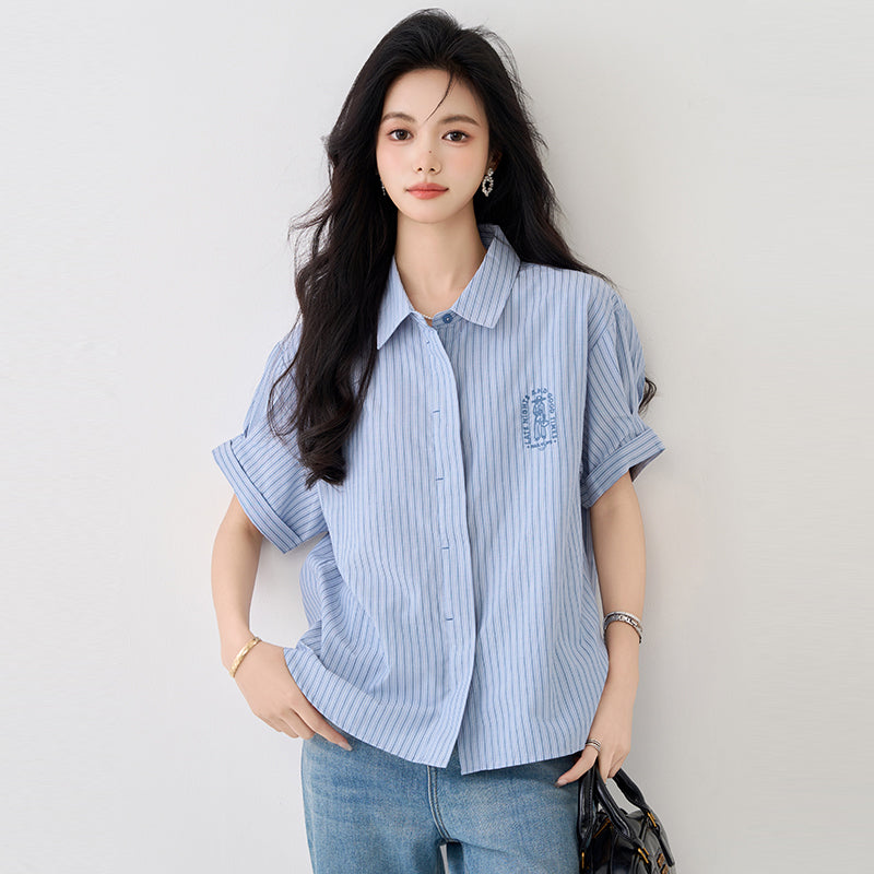 CGE9765-4B 藍色襯衣夏復古刺繡休閒百搭短袖條紋POLO領襯衫