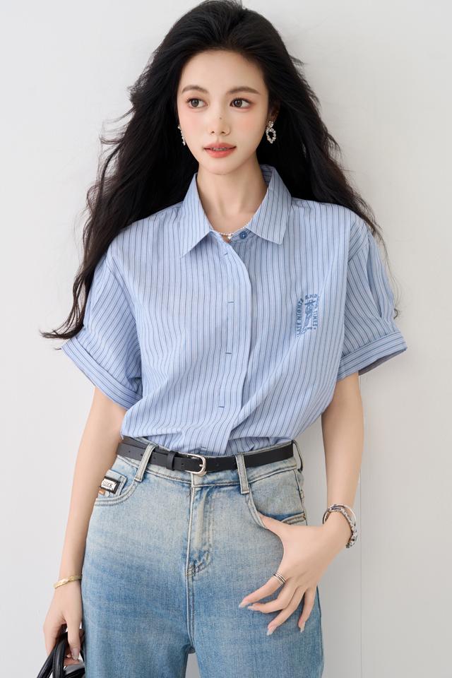 CGE9765-4B 藍色襯衣夏復古刺繡休閒百搭短袖條紋POLO領襯衫