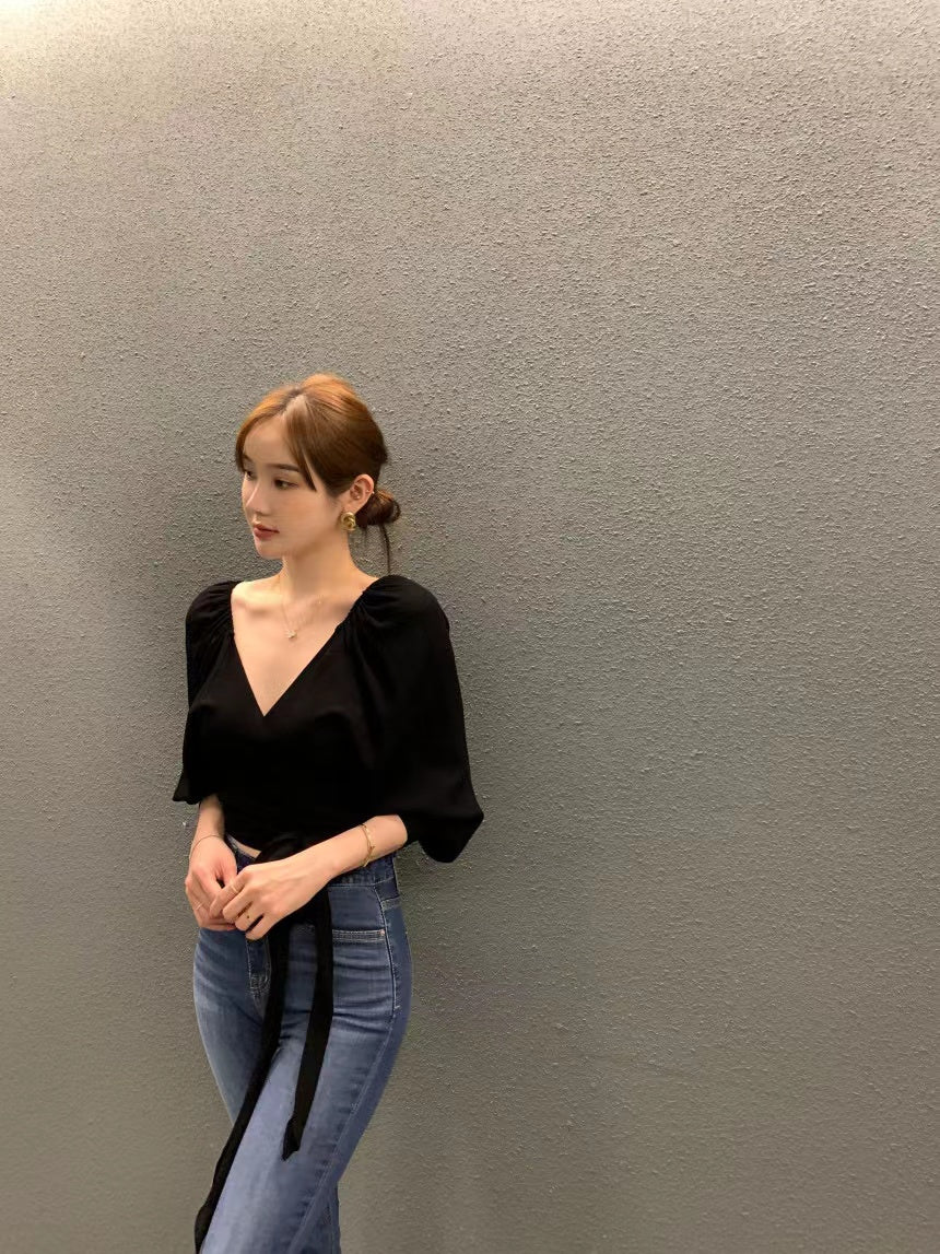 CGD1547-77B 秋季法式V領泡泡袖綁帶短款雪紡襯衫(3色)