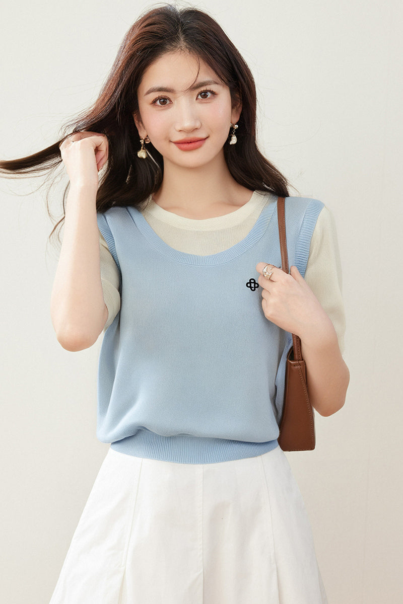 CGE8087-89B 時尚圓領刺繡短袖針織衫假兩件寬鬆百搭