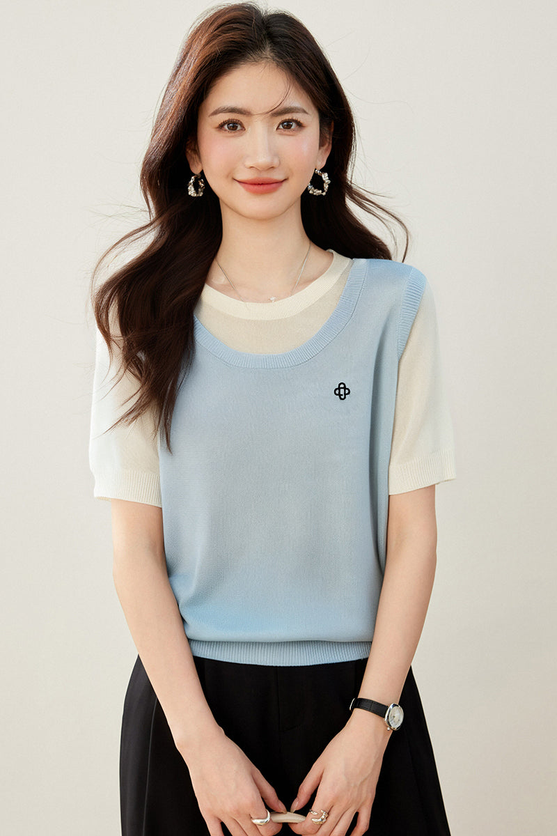 CGE8087-89B 時尚圓領刺繡短袖針織衫假兩件寬鬆百搭