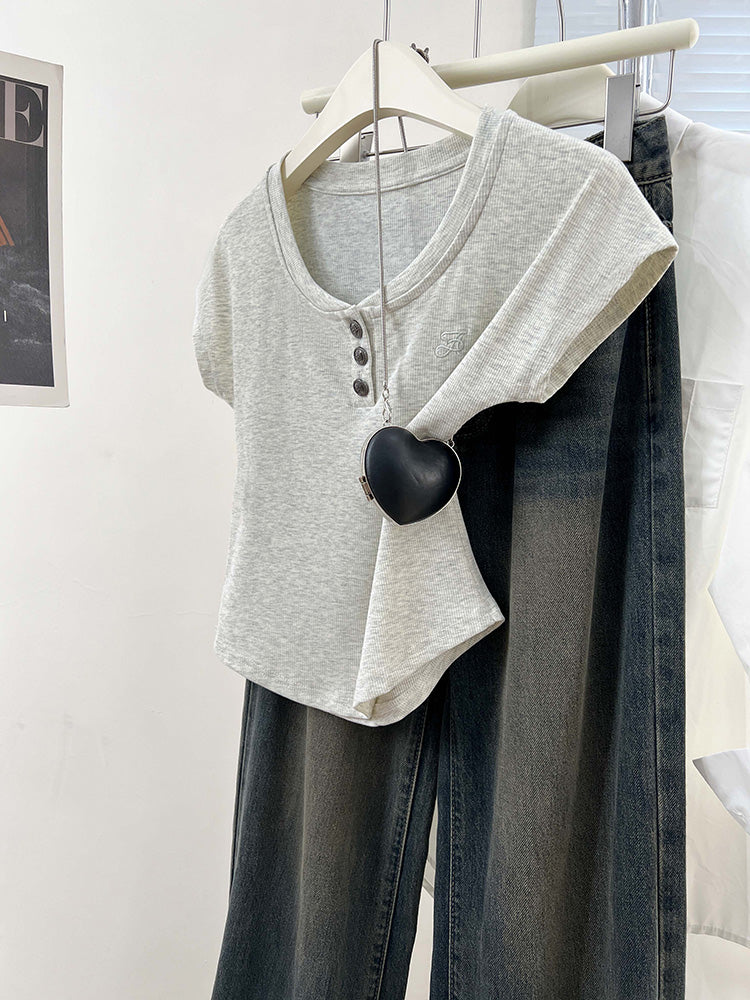 CGED0231-1-42B U領刺繡正肩短袖T恤(4色)