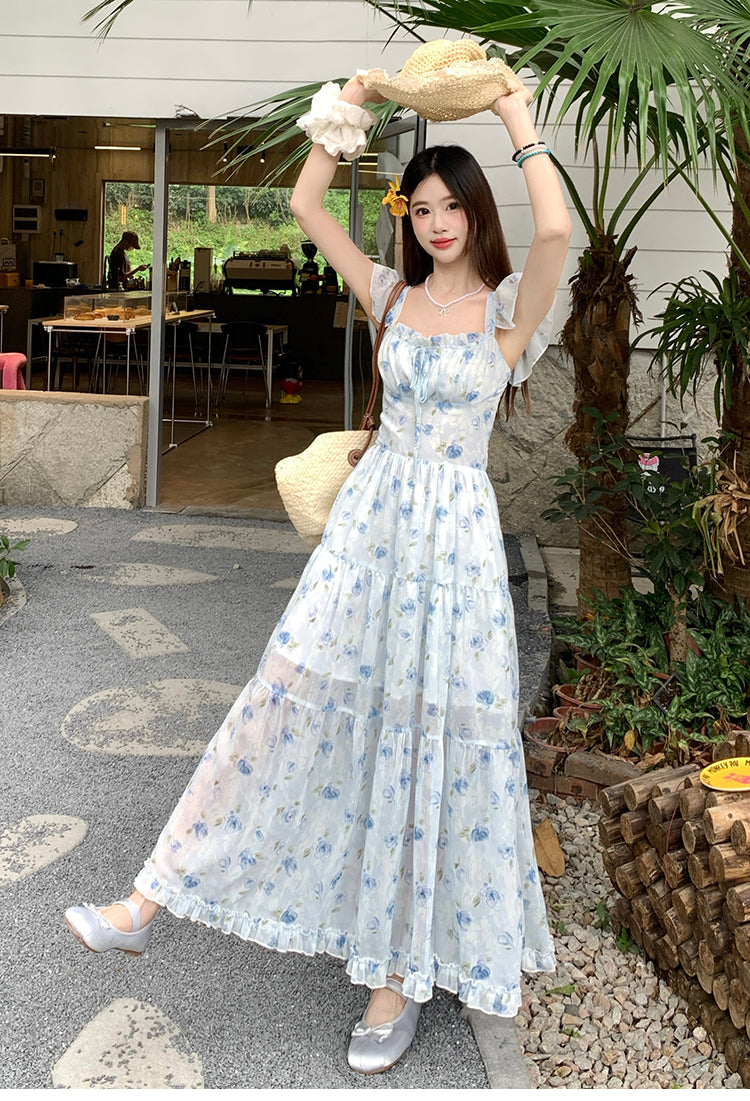 📺︎︎ CGBMD1555-41B 碎花雪紡連衣裙春夏露腰背交叉綁帶