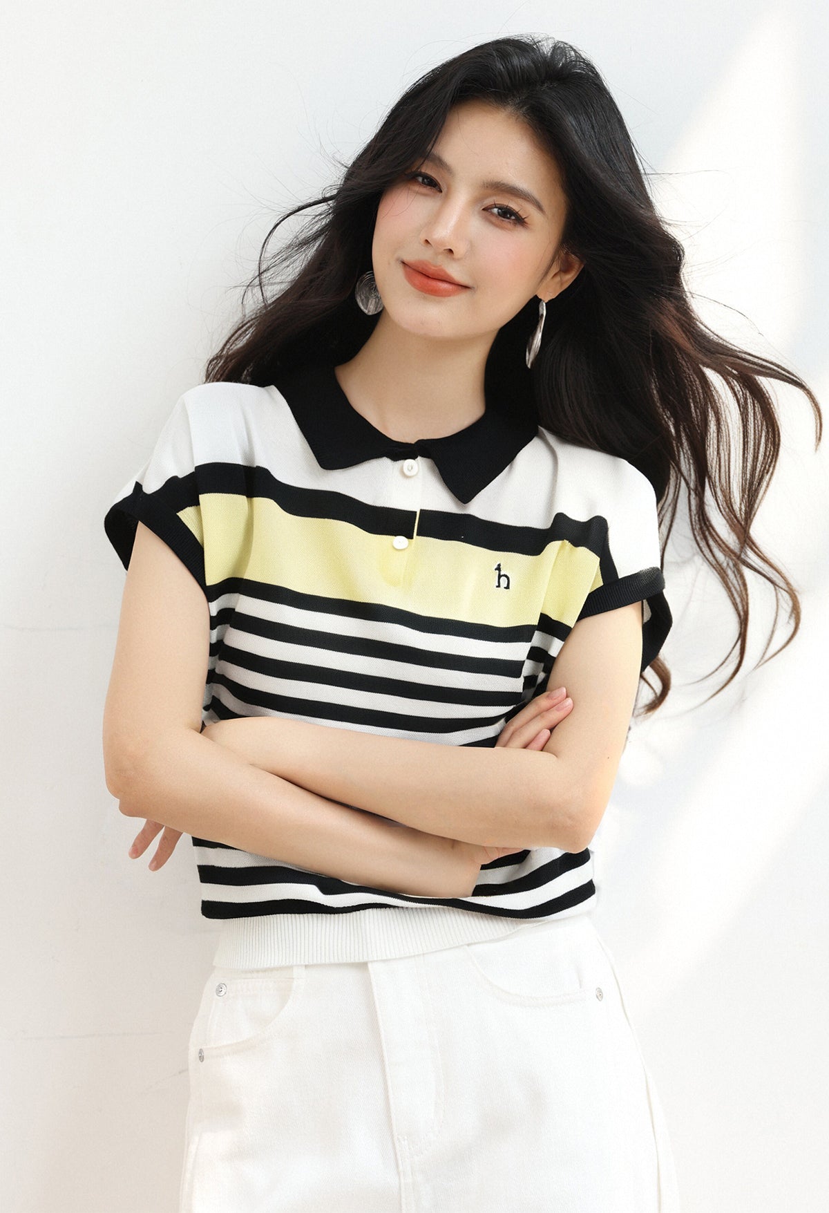 CGE0409-17B 翻領拼色條紋短袖天絲亞麻針織T恤(2色)