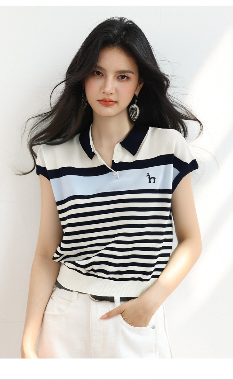 CGE0409-17B 翻領拼色條紋短袖天絲亞麻針織T恤(2色)