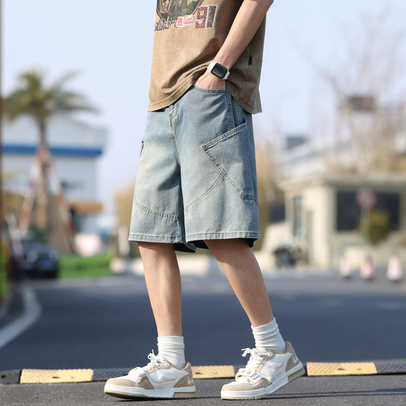 CBSTPD2-65B 夏季寬鬆牛仔短褲百搭大口袋洗水做舊工裝五分中褲(2色)