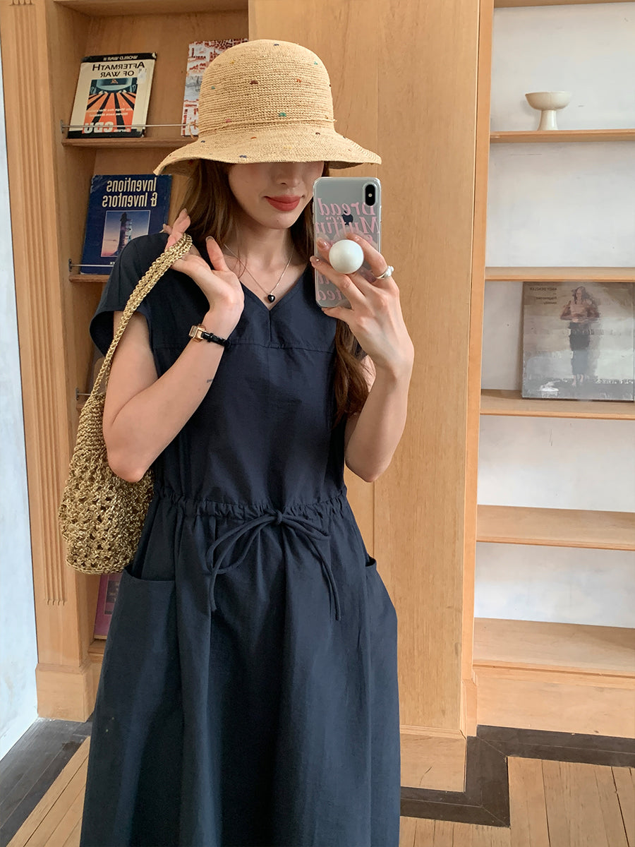 CGB0658-36H 休閒簡約系帶收腰純色V領寬鬆大口袋連衣裙