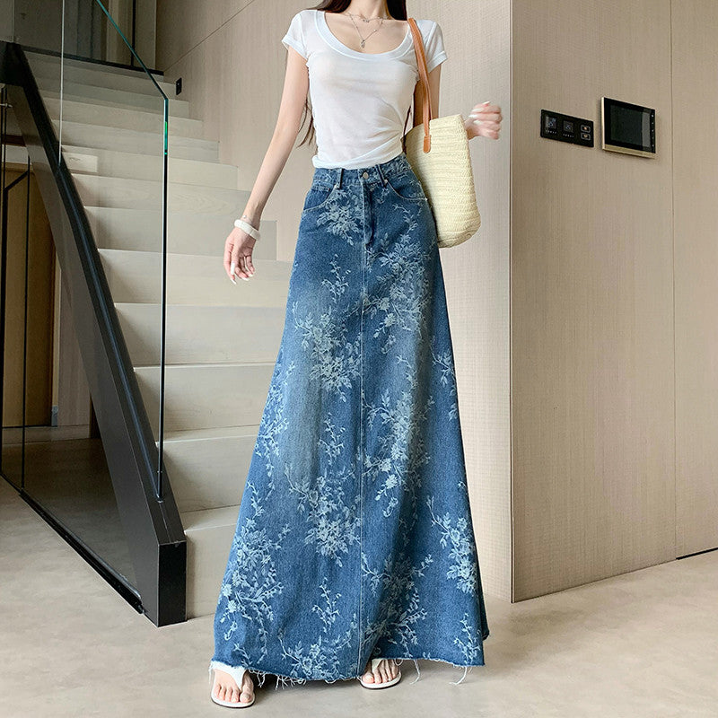 CGS1697-36H 碎花刺繡牛仔半身裙夏季薄款高腰A字長裙