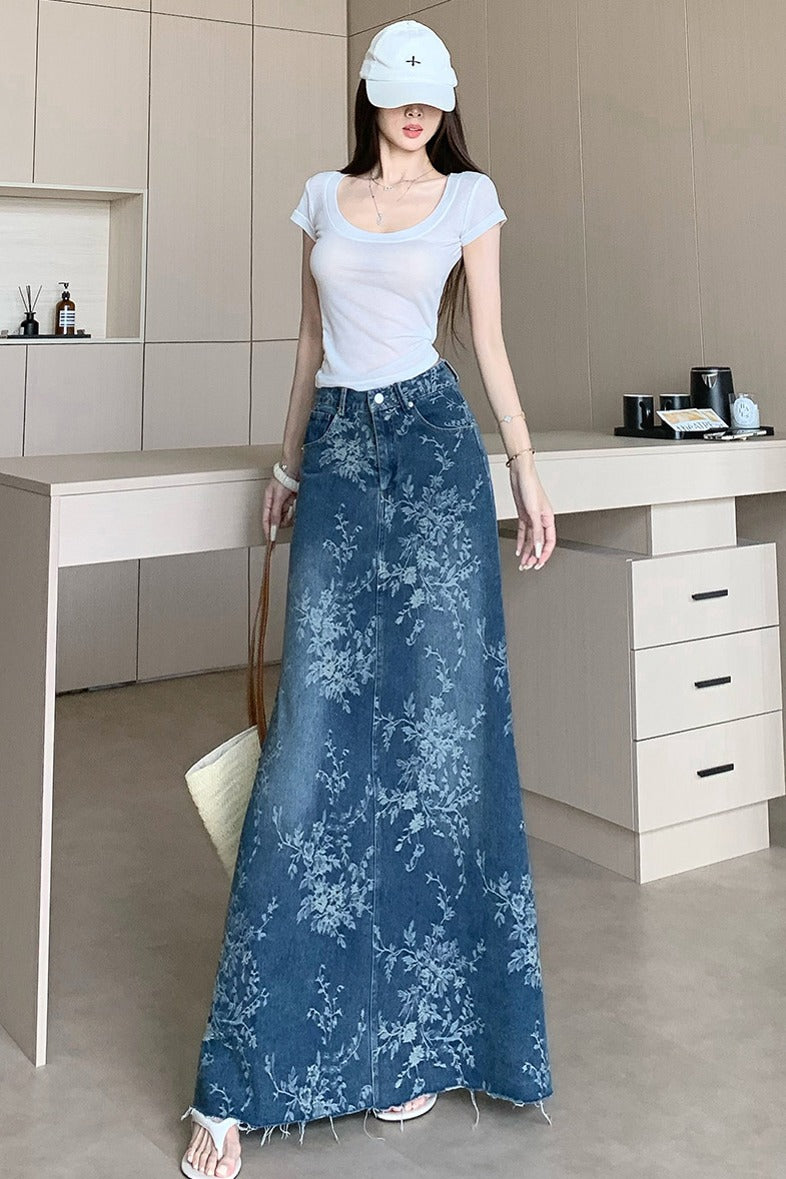 CGS1697-36H 碎花刺繡牛仔半身裙夏季薄款高腰A字長裙