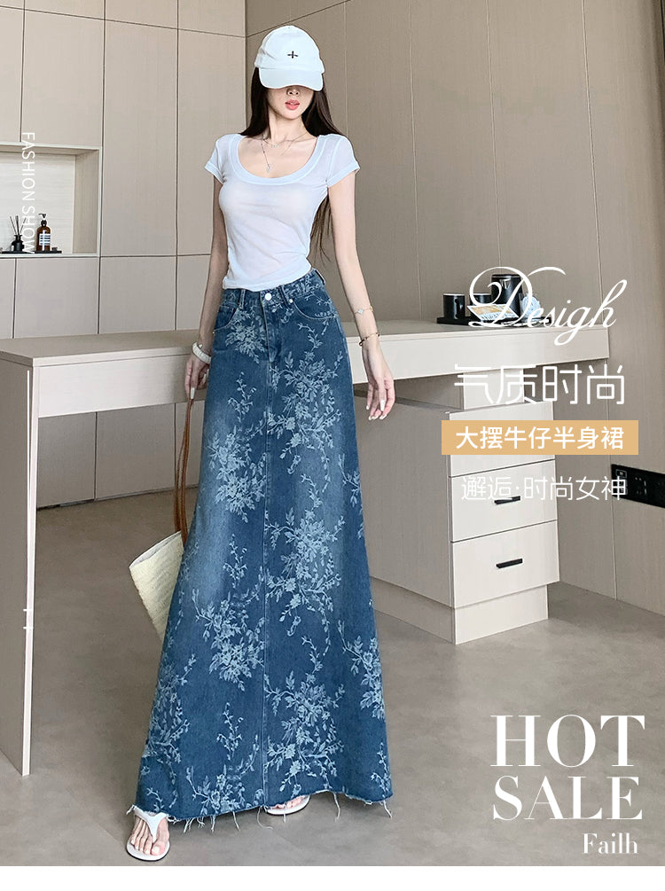 CGS1697-36H 碎花刺繡牛仔半身裙夏季薄款高腰A字長裙