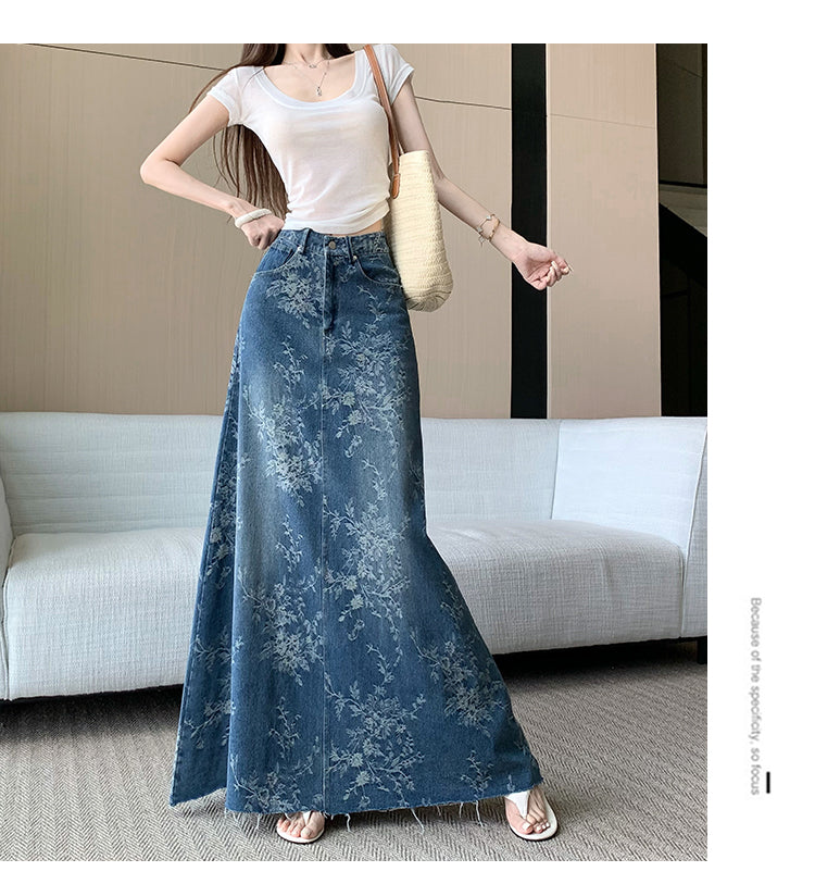 CGS1697-36H 碎花刺繡牛仔半身裙夏季薄款高腰A字長裙