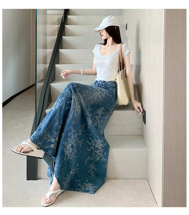 CGS1697-36H 碎花刺繡牛仔半身裙夏季薄款高腰A字長裙