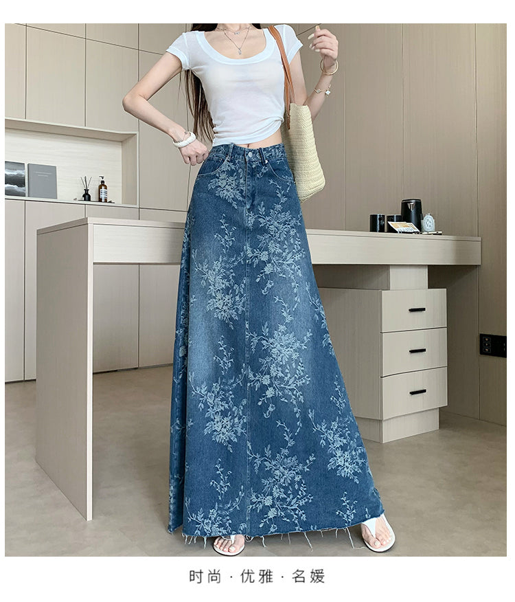 CGS1697-36H 碎花刺繡牛仔半身裙夏季薄款高腰A字長裙