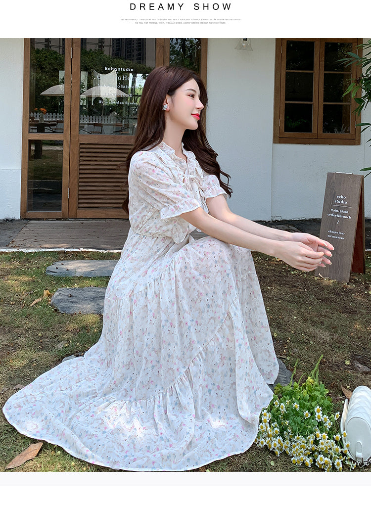 📺︎︎ CGBMD1339-41B 印花雪紡連衣裙女中長款泡泡袖