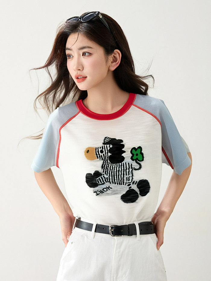 CGE8452-89B 卡通圖案女裝針織衫毛衣短袖拼色百搭薄款打底衫