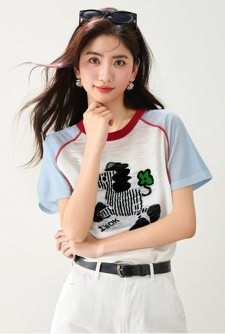 CGE8452-89B 卡通圖案女裝針織衫毛衣短袖拼色百搭薄款打底衫