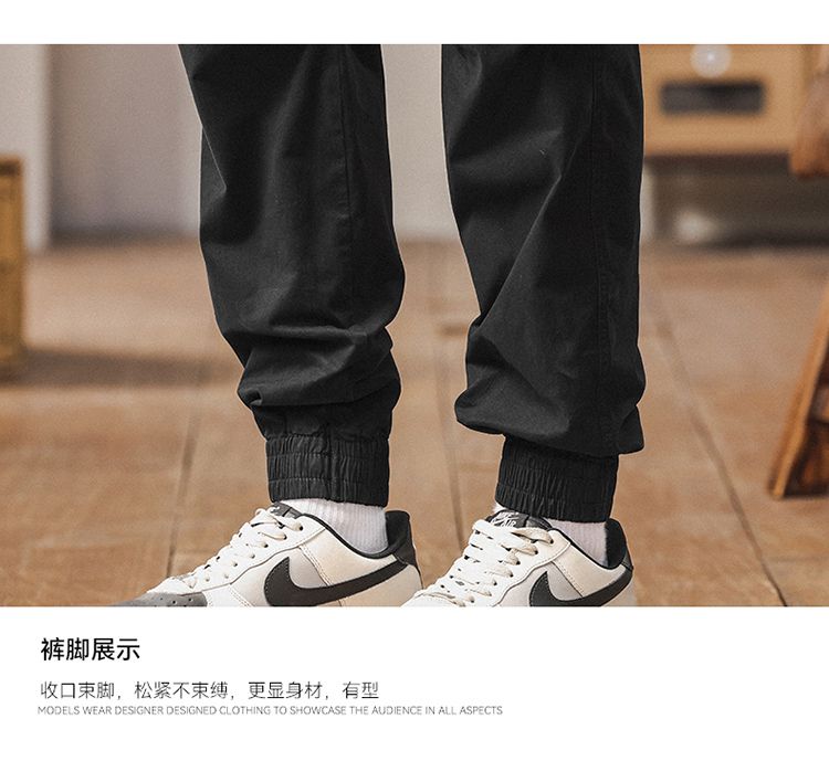 CBABL535-2-1B 夏季工裝褲鬆緊腰口袋純棉拉鍊束脚長褲(4色)