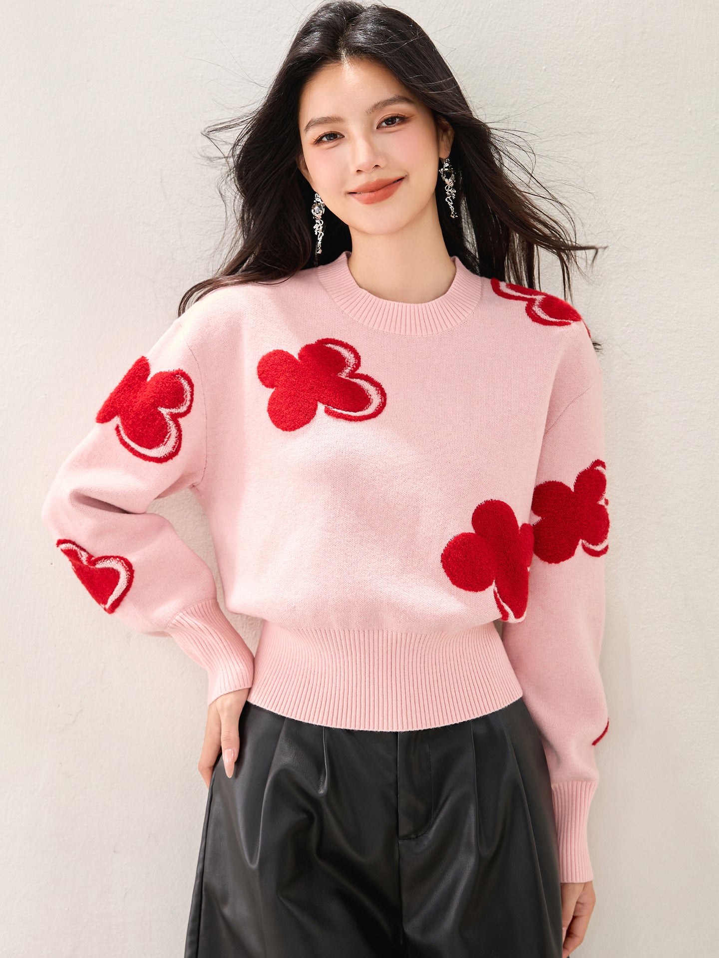 📺︎︎ CGD5557-89B 幸運花圓領羊毛混紡撞色針織衫